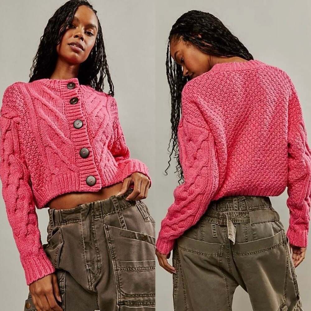 Free People Bonfire Cable Knit Sweater Bright Pink